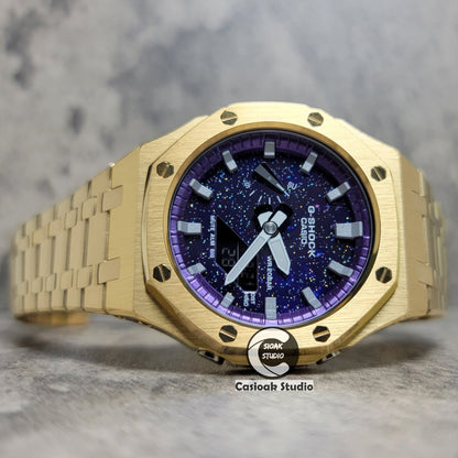 Casioak Mod Watch Gold Case Metal Strap Purple Silver Time Mark Purple Dial 44mm- Casioak Mod Casio G-Shock Royal Oak Custom Mens Luxury Watches Ga2100