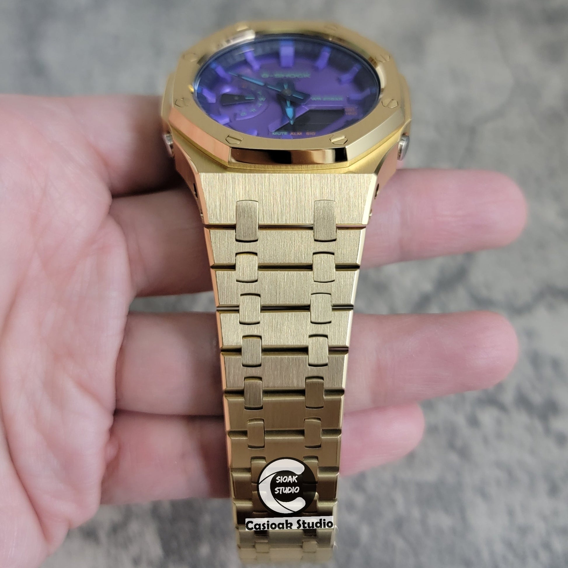 Casioak Mod Watch Gold Case Metal Strap Purple Time Mark Purple Dial 44mm- Casioak Mod Casio G-Shock Royal Oak Custom Mens Luxury Watches Ga2100