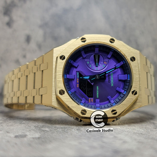 Casioak Mod Watch Gold Case Metal Strap Purple Time Mark Purple Dial 44mm- Casioak Mod Casio G-Shock Royal Oak Custom Mens Luxury Watches Ga2100