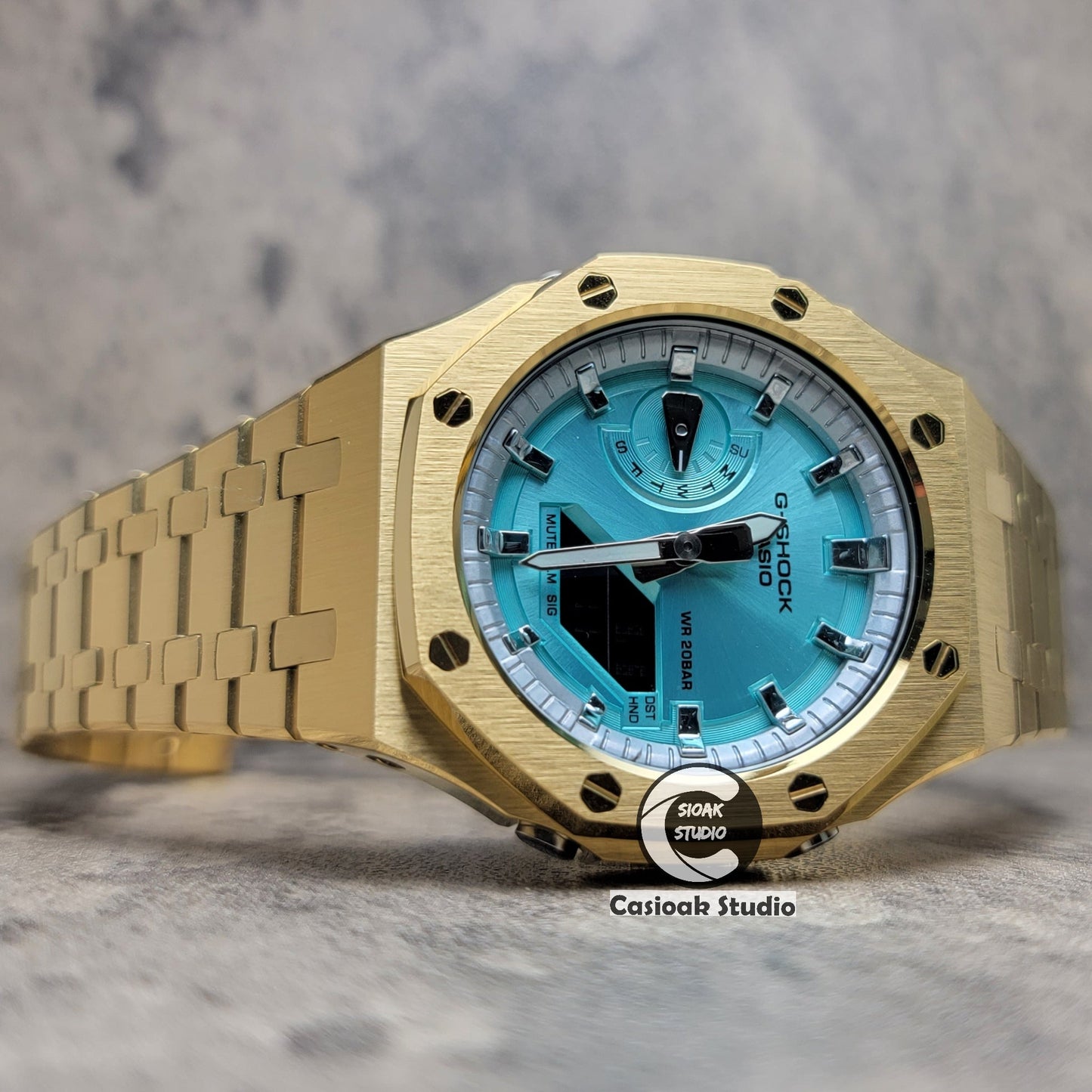 Casioak Mod Watch Gold Case Metal Strap Silver Time Mark Tiff Blue Dial 44mm- Casioak Mod Casio G-Shock Royal Oak Custom Mens Luxury Watches Ga2100