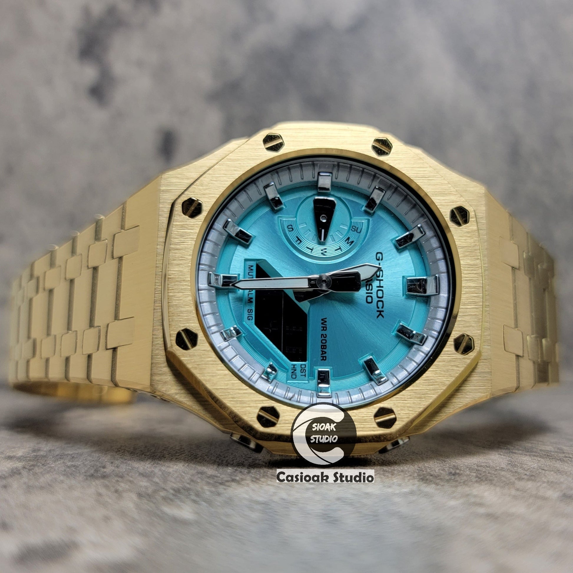 Casioak Mod Watch Gold Case Metal Strap Silver Time Mark Tiff Blue Dial 44mm- Casioak Mod Casio G-Shock Royal Oak Custom Mens Luxury Watches Ga2100