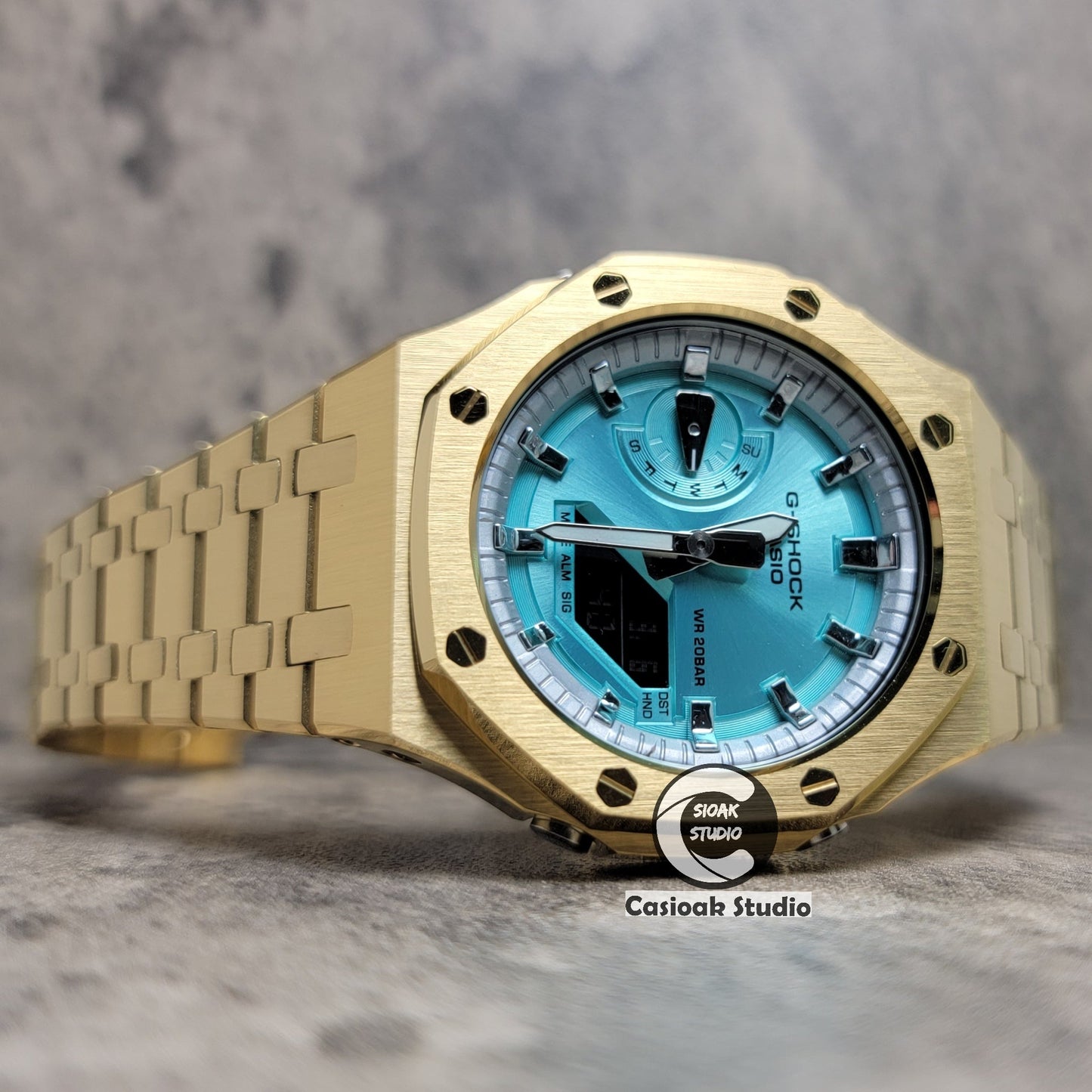 Casioak Mod Watch Gold Case Metal Strap Silver Time Mark Tiff Blue Dial 44mm- Casioak Mod Casio G-Shock Royal Oak Custom Mens Luxury Watches Ga2100