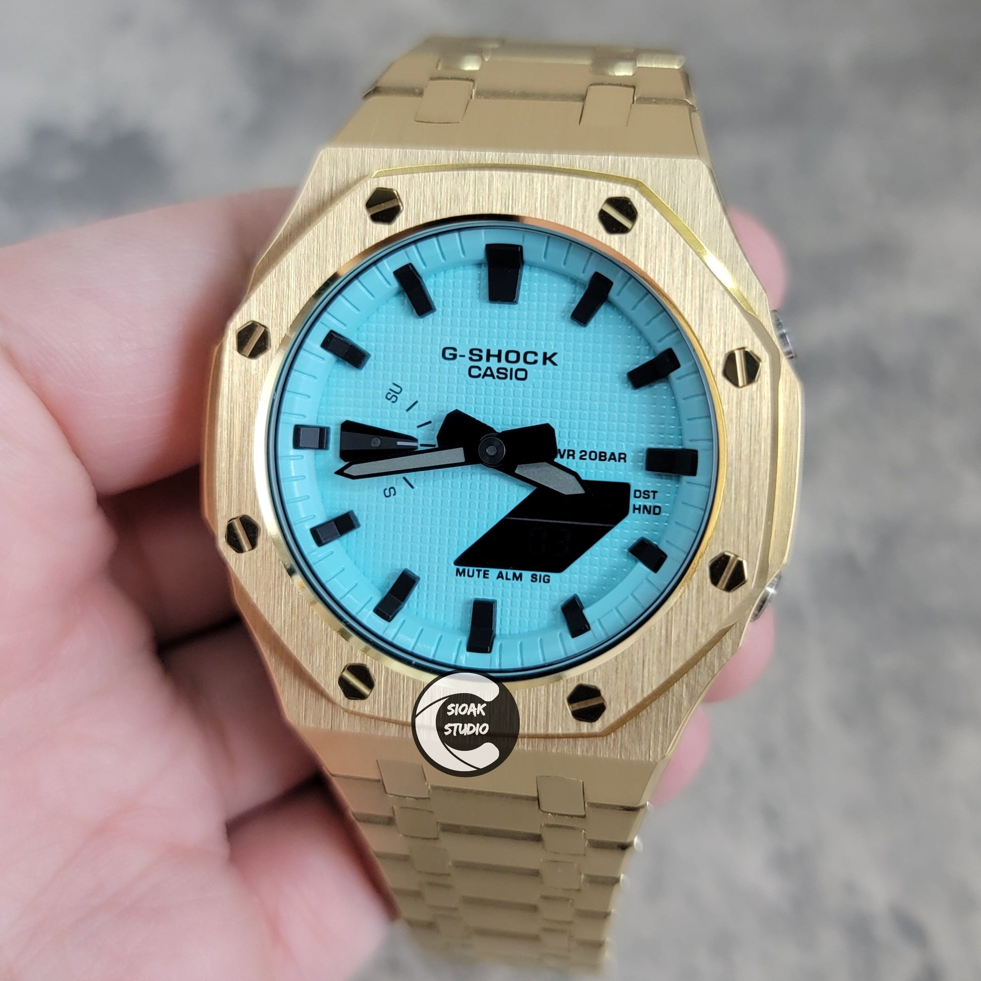 Casioak Mod Watch Gold Case Metal Strap Tiff Black Time Mark Tiff Blue Dial 44mm- Casioak Mod Casio G-Shock Royal Oak Custom Mens Luxury Watches Ga2100