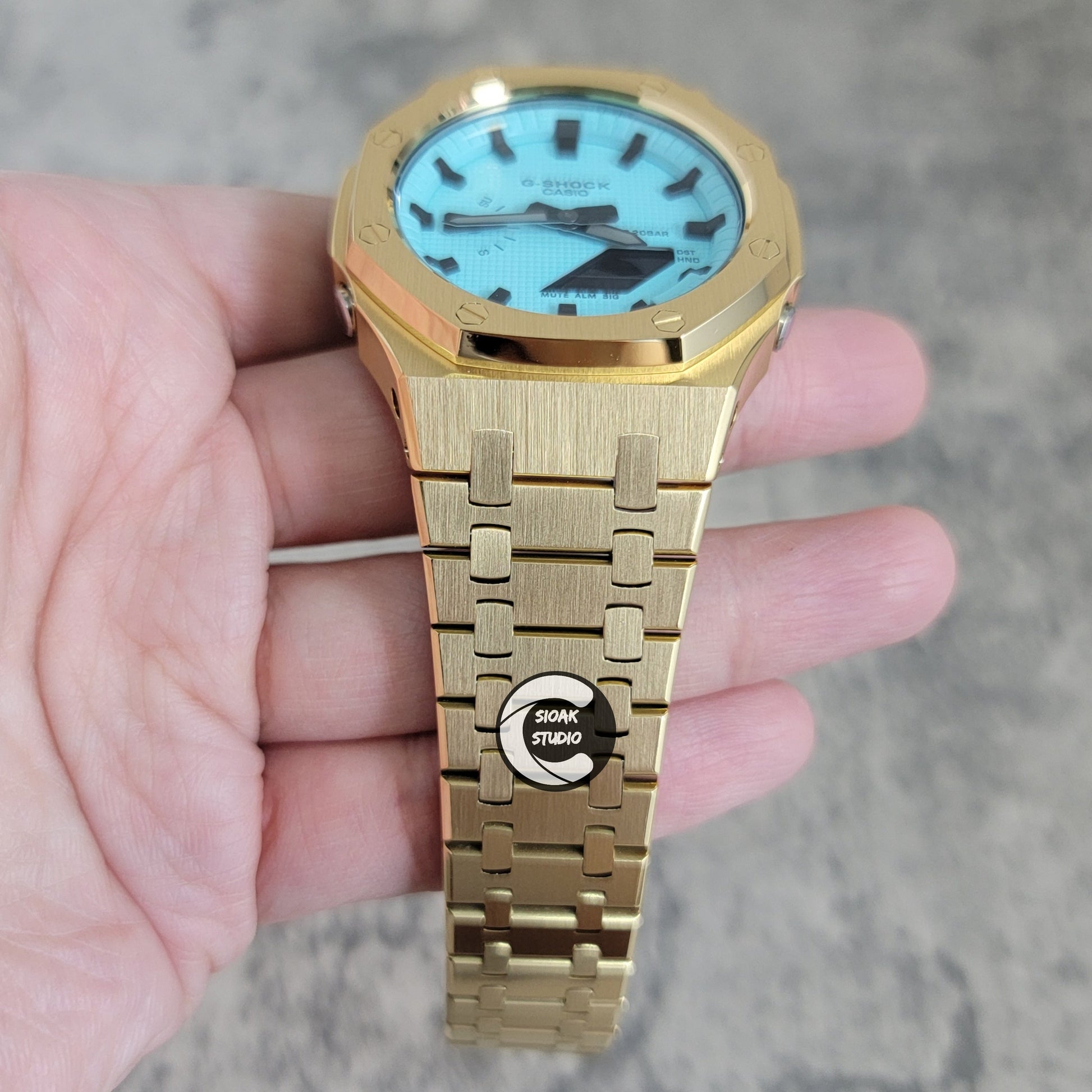 Casioak Mod Watch Gold Case Metal Strap Tiff Black Time Mark Tiff Blue Dial 44mm- Casioak Mod Casio G-Shock Royal Oak Custom Mens Luxury Watches Ga2100