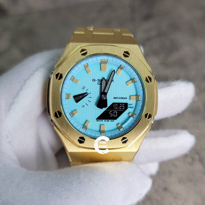 Casioak Mod Watch Gold Case Metal Strap Tiff Gold Time Mark Tiff Blue Dial 44mm- Casioak Mod Casio G-Shock Royal Oak Custom Mens Luxury Watches Ga2100