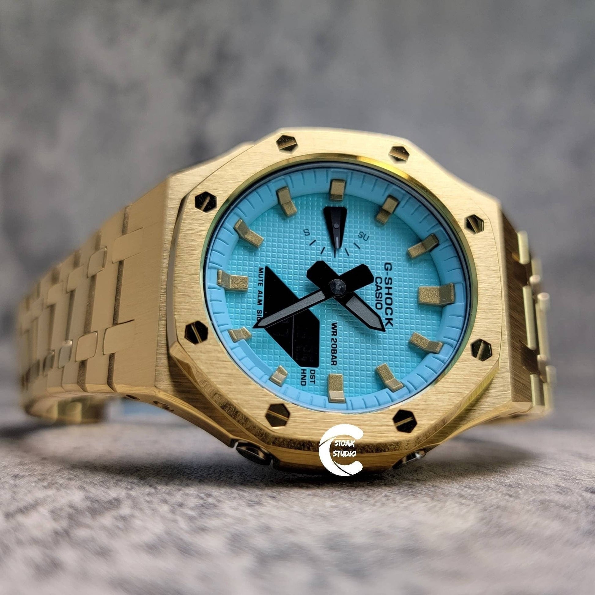 Casioak Mod Watch Gold Case Metal Strap Tiff Gold Time Mark Tiff Blue Dial 44mm- Casioak Mod Casio G-Shock Royal Oak Custom Mens Luxury Watches Ga2100