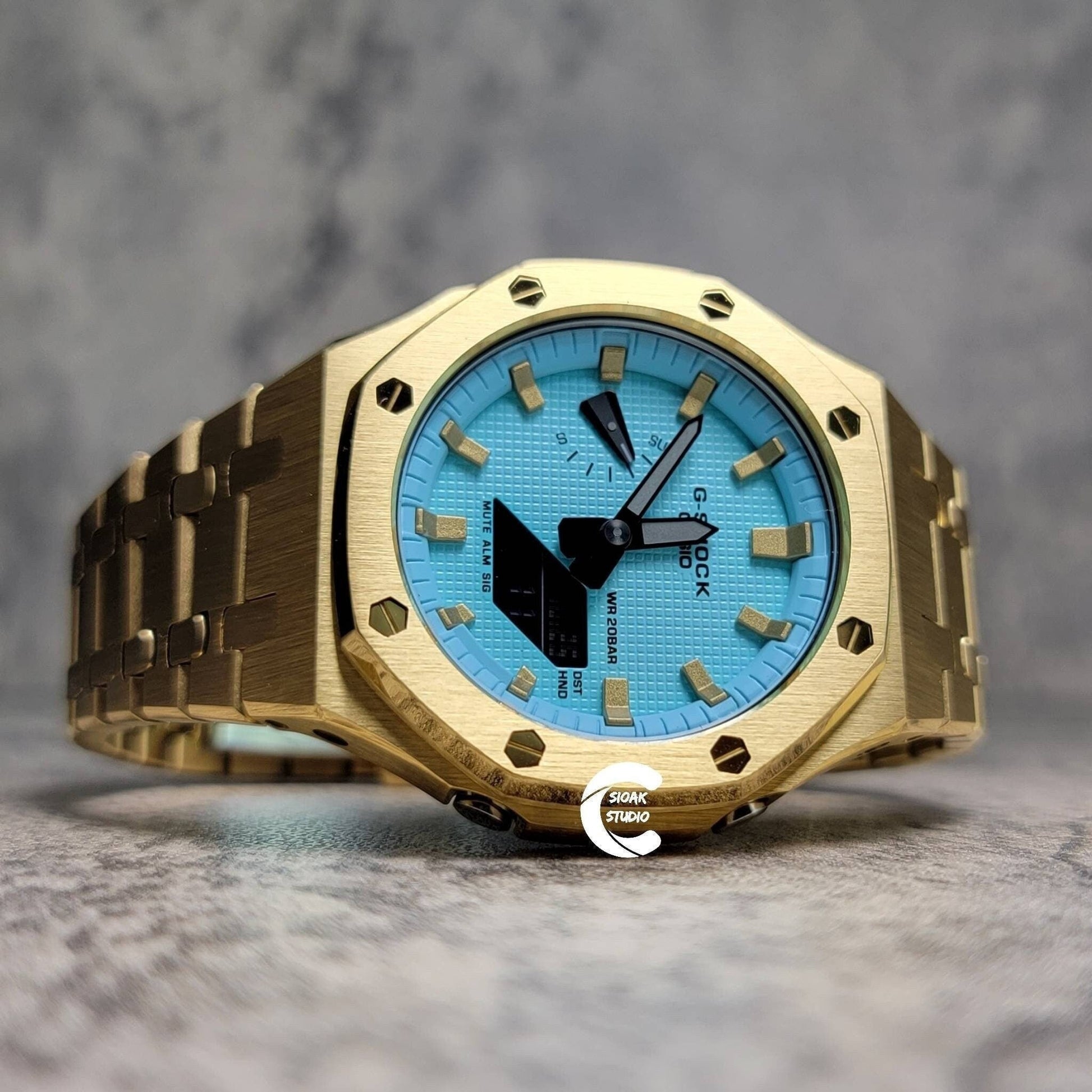 Casioak Mod Watch Gold Case Metal Strap Tiff Gold Time Mark Tiff Blue Dial 44mm- Casioak Mod Casio G-Shock Royal Oak Custom Mens Luxury Watches Ga2100