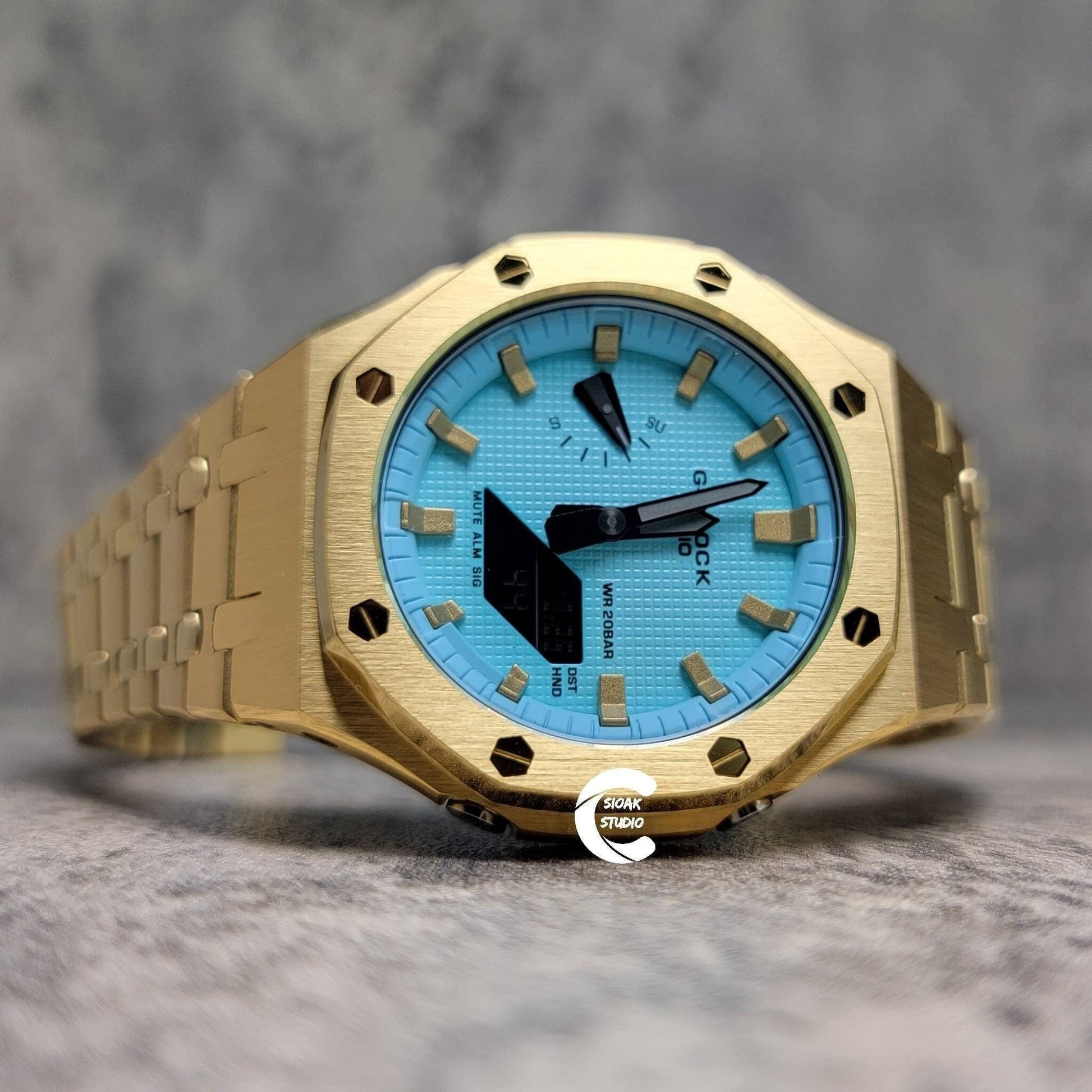 Casioak Mod Watch Gold Case Metal Strap Tiff Gold Time Mark Tiff Blue Dial 44mm- Casioak Mod Casio G-Shock Royal Oak Custom Mens Luxury Watches Ga2100