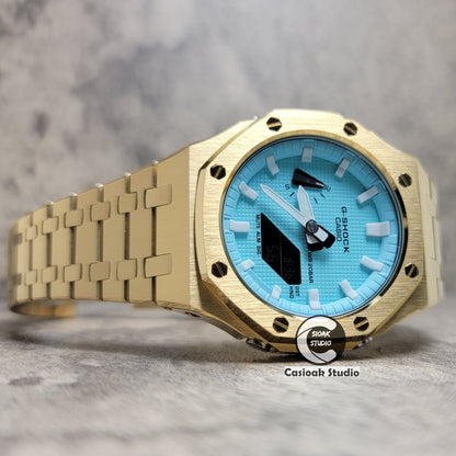 Casioak Mod Watch Gold Case Metal Strap Tiff Gold Time Mark Tiff Blue Dial 44mm- Casioak Mod Casio G-Shock Royal Oak Custom Mens Luxury Watches Ga2100