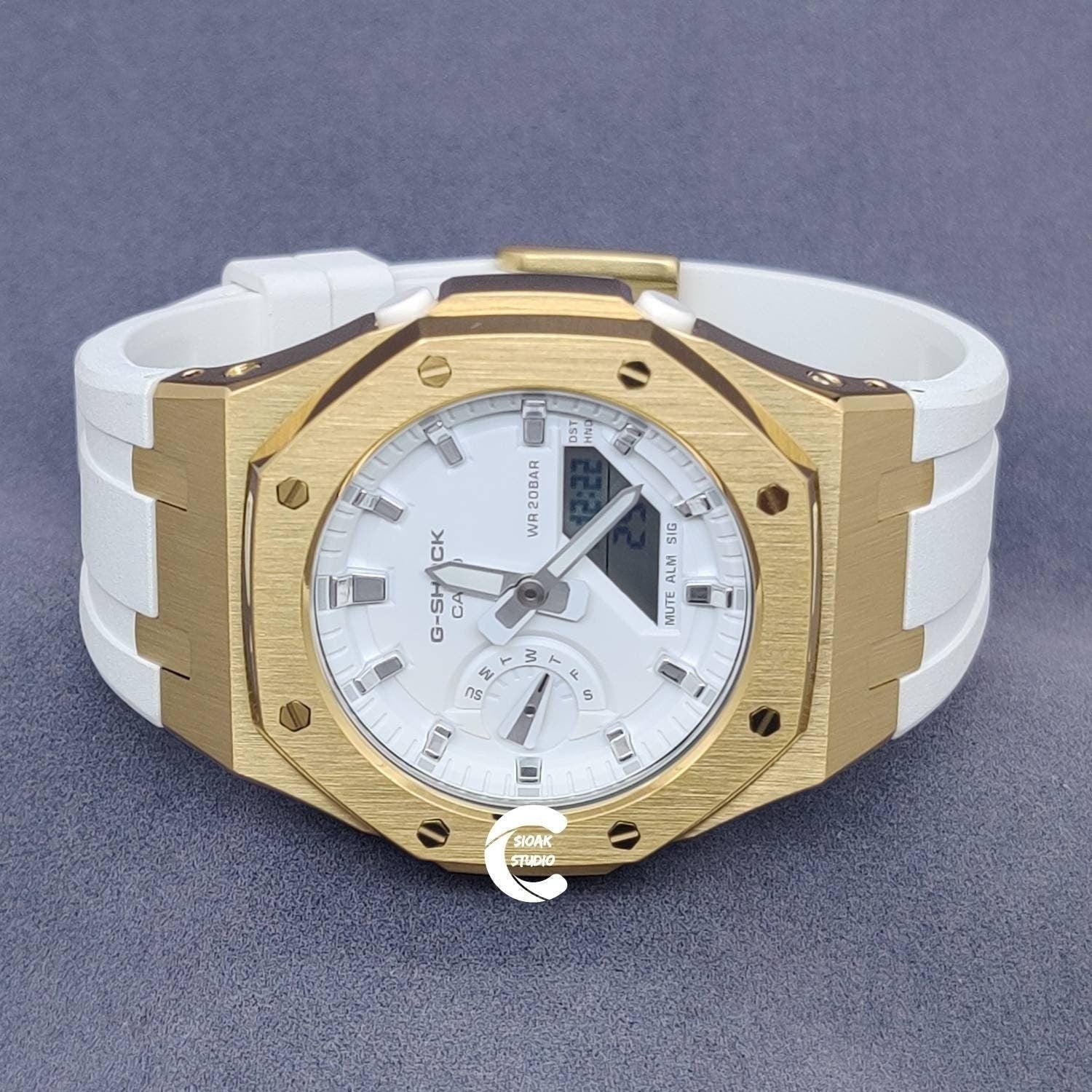 Casioak Mod Watch Gold Case White Rubber Strap White Silver Time Mark White Dial 42mm- Casioak Mod Casio G-Shock Royal Oak Custom Mens Luxury Watches Ga2100