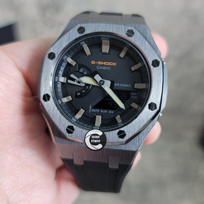 Casioak Mod Watch Gray Case Black Rubber Strap Black Gray Time Mark Black Dial 44mm- Casioak Mod Casio G-Shock Royal Oak Custom Mens Luxury Watches Ga2100