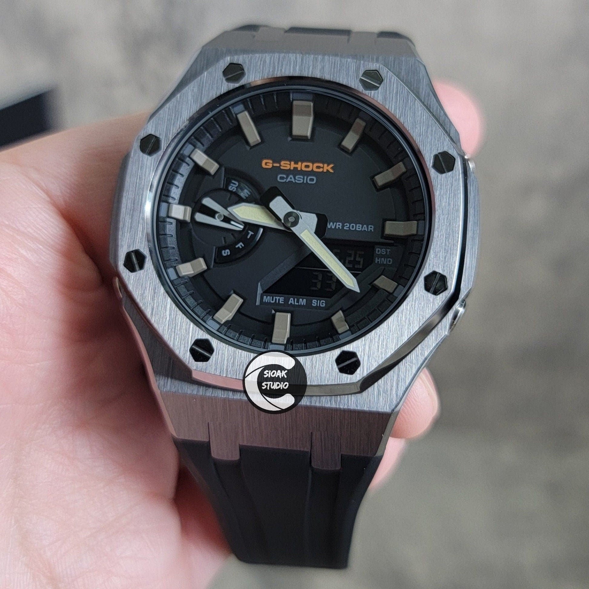 Casioak Mod Watch Gray Case Black Rubber Strap Black Gray Time Mark Black Dial 44mm- Casioak Mod Casio G-Shock Royal Oak Custom Mens Luxury Watches Ga2100