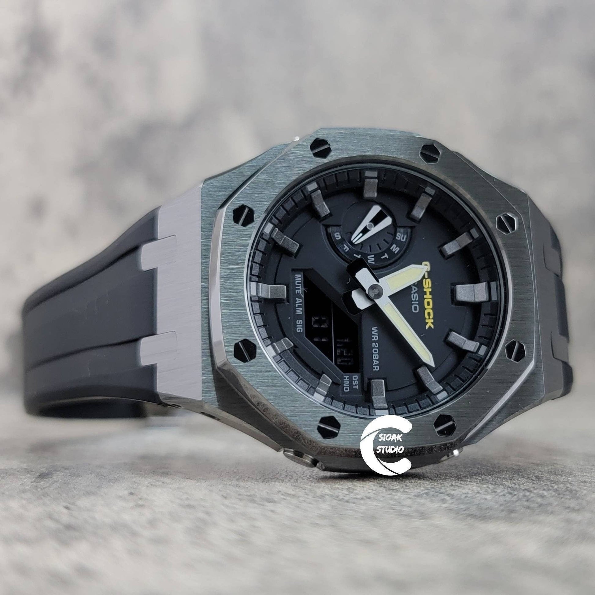 Casioak Mod Watch Gray Case Black Rubber Strap Black Gray Time Mark Black Dial 44mm- Casioak Mod Casio G-Shock Royal Oak Custom Mens Luxury Watches Ga2100