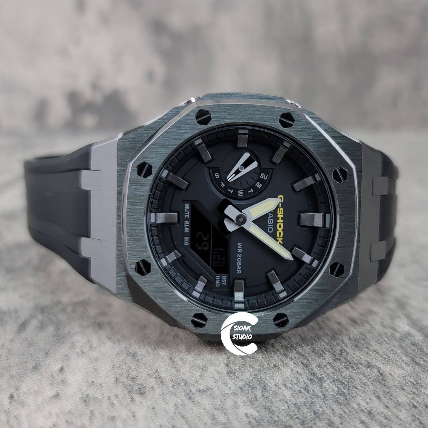 Casioak Mod Watch Gray Case Black Rubber Strap Black Gray Time Mark Black Dial 44mm- Casioak Mod Casio G-Shock Royal Oak Custom Mens Luxury Watches Ga2100