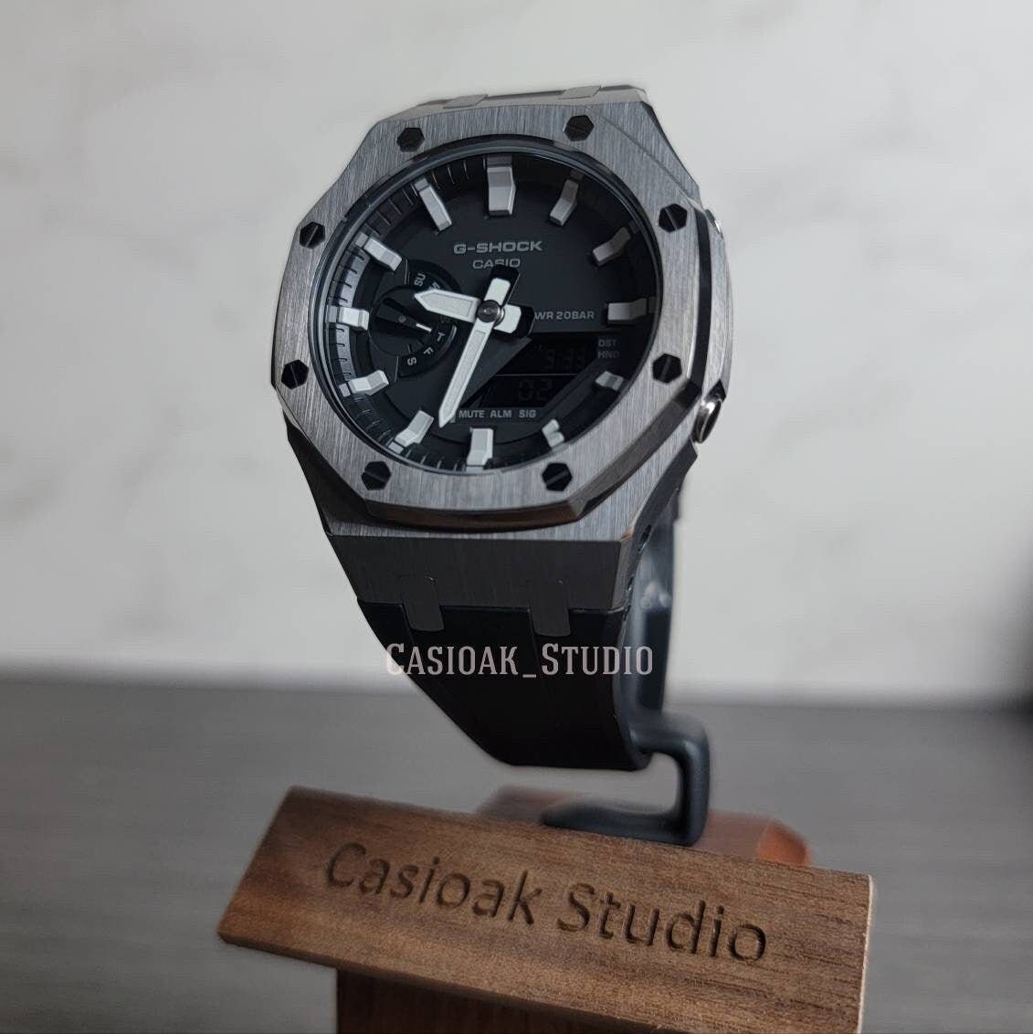 Casioak Mod Watch Gray Case Black Rubber Strap Black Light Gray Time Mark Black Dial 44mm- Casioak Mod Casio G-Shock Royal Oak Custom Mens Luxury Watches Ga2100