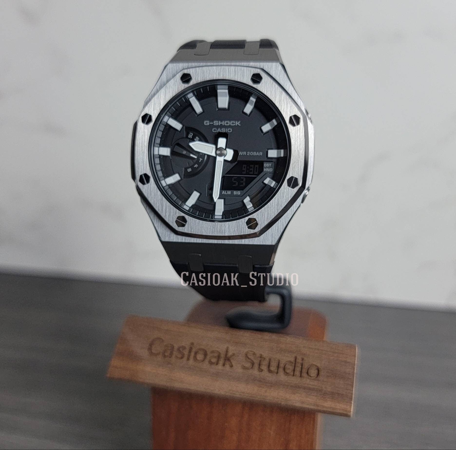 Casioak Mod Watch Gray Case Black Rubber Strap Black Light Gray Time Mark Black Dial 44mm- Casioak Mod Casio G-Shock Royal Oak Custom Mens Luxury Watches Ga2100