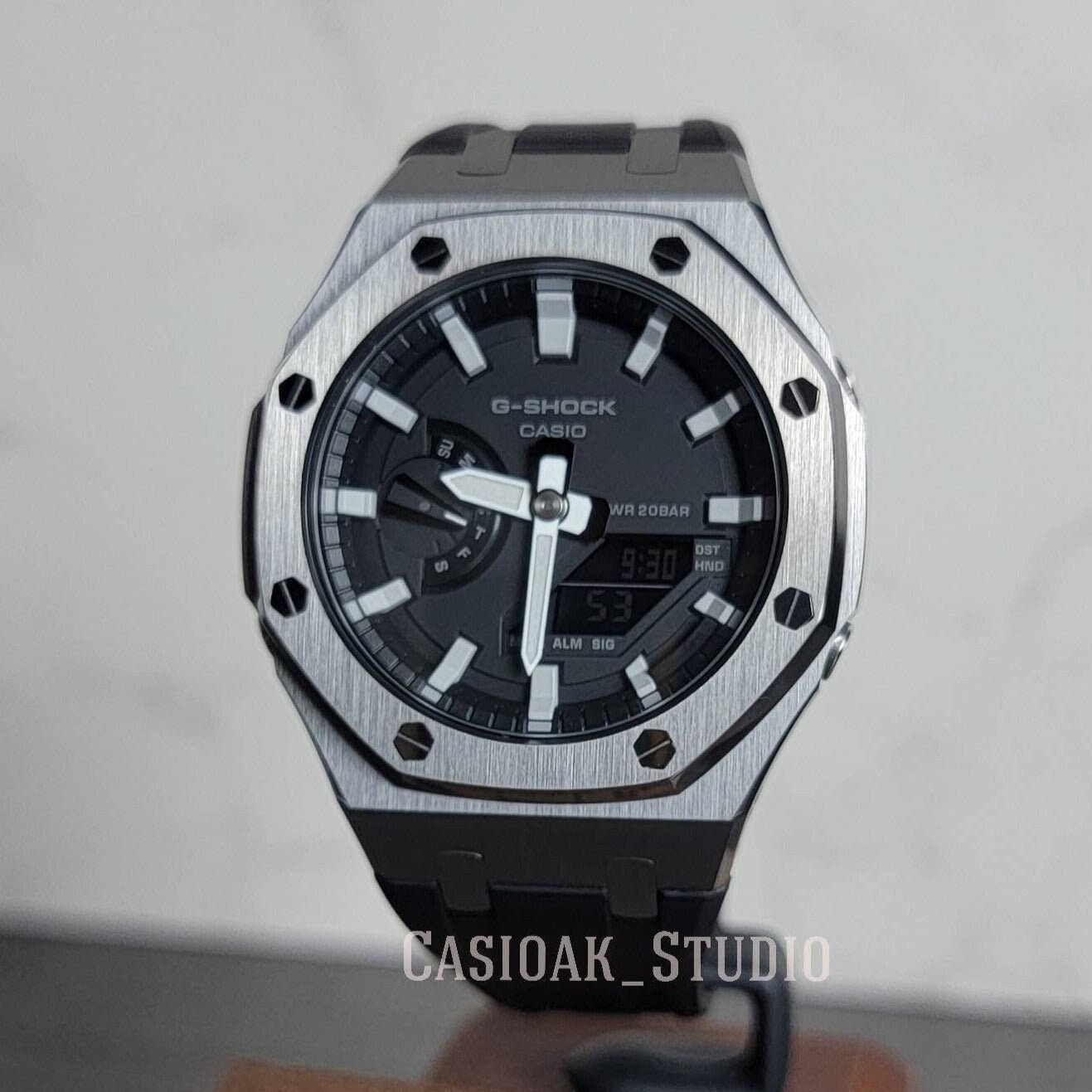 Casioak Mod Watch Gray Case Black Rubber Strap Black Light Gray Time Mark Black Dial 44mm- Casioak Mod Casio G-Shock Royal Oak Custom Mens Luxury Watches Ga2100