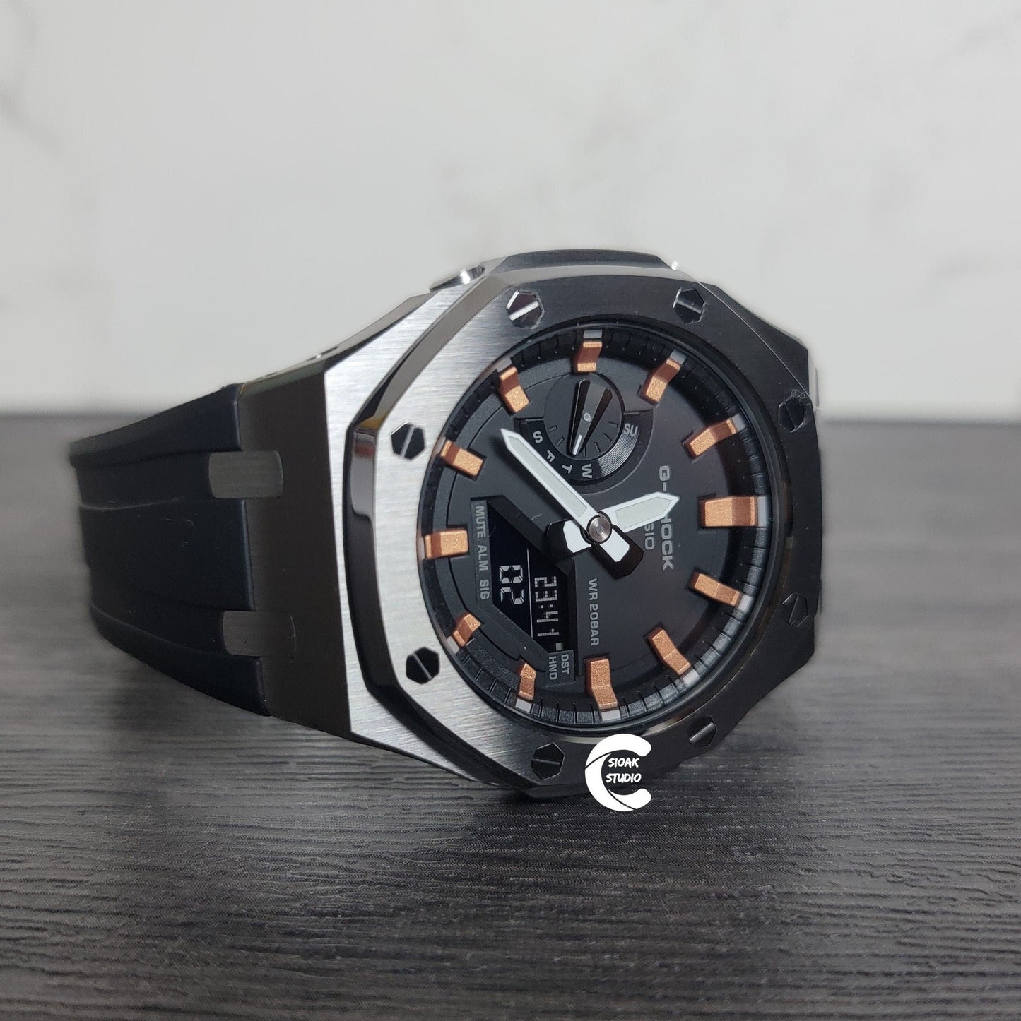 Casioak Mod Watch Gray Case Black Rubber Strap Black Rose Gold Time Mark Black Dial 44mm- Casioak Mod Casio G-Shock Royal Oak Custom Mens Luxury Watches Ga2100