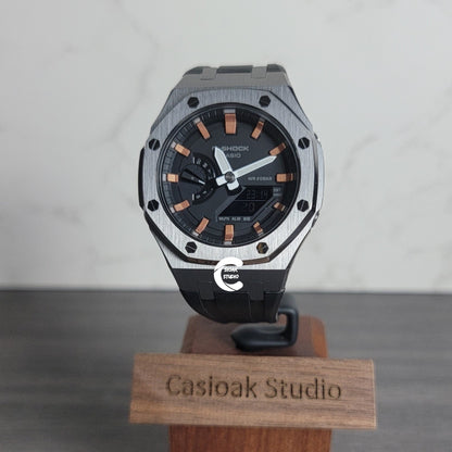 Casioak Mod Watch Gray Case Black Rubber Strap Black Rose Gold Time Mark Black Dial 44mm- Casioak Mod Casio G-Shock Royal Oak Custom Mens Luxury Watches Ga2100