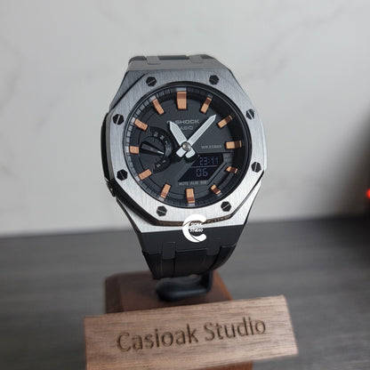 Casioak Mod Watch Gray Case Black Rubber Strap Black Rose Gold Time Mark Black Dial 44mm- Casioak Mod Casio G-Shock Royal Oak Custom Mens Luxury Watches Ga2100