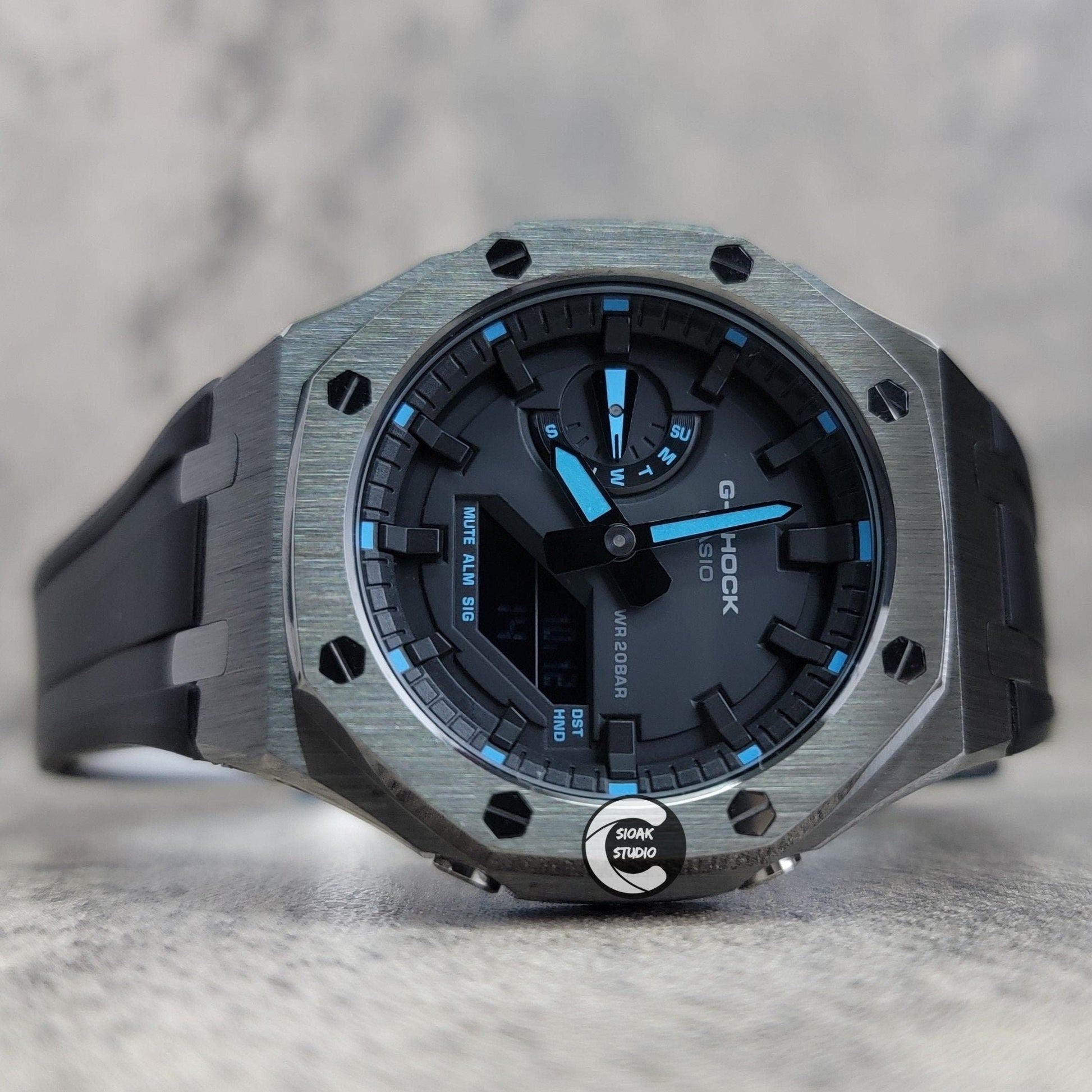 Casioak Mod Watch Gray Case Black Rubber Strap Black Time Mark Black Dial 44mm Blue- Casioak Mod Casio G-Shock Royal Oak Custom Mens Luxury Watches Ga2100