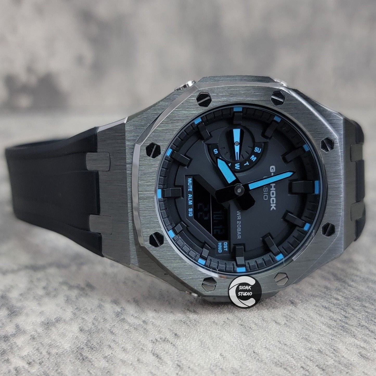 Casioak Mod Watch Gray Case Black Rubber Strap Black Time Mark Black Dial 44mm Blue- Casioak Mod Casio G-Shock Royal Oak Custom Mens Luxury Watches Ga2100