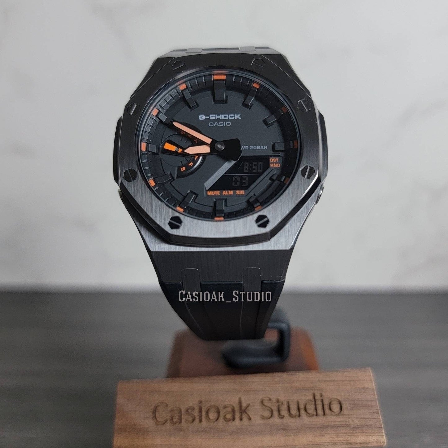 Casioak Mod Watch Gray Case Black Rubber Strap Black Time Mark Black Dial 44mm Orange- Casioak Mod Casio G-Shock Royal Oak Custom Mens Luxury Watches Ga2100