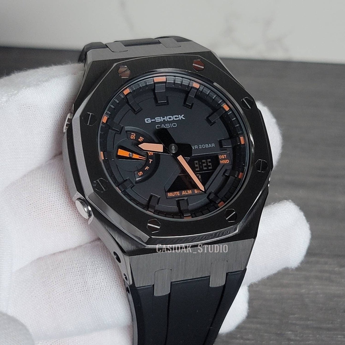 Casioak Mod Watch Gray Case Black Rubber Strap Black Time Mark Black Dial 44mm Orange- Casioak Mod Casio G-Shock Royal Oak Custom Mens Luxury Watches Ga2100