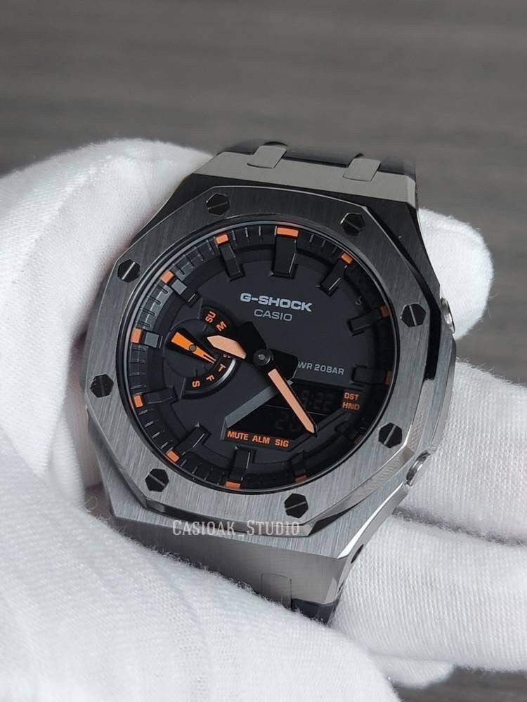 Casioak Mod Watch Gray Case Black Rubber Strap Black Time Mark Black Dial 44mm Orange- Casioak Mod Casio G-Shock Royal Oak Custom Mens Luxury Watches Ga2100