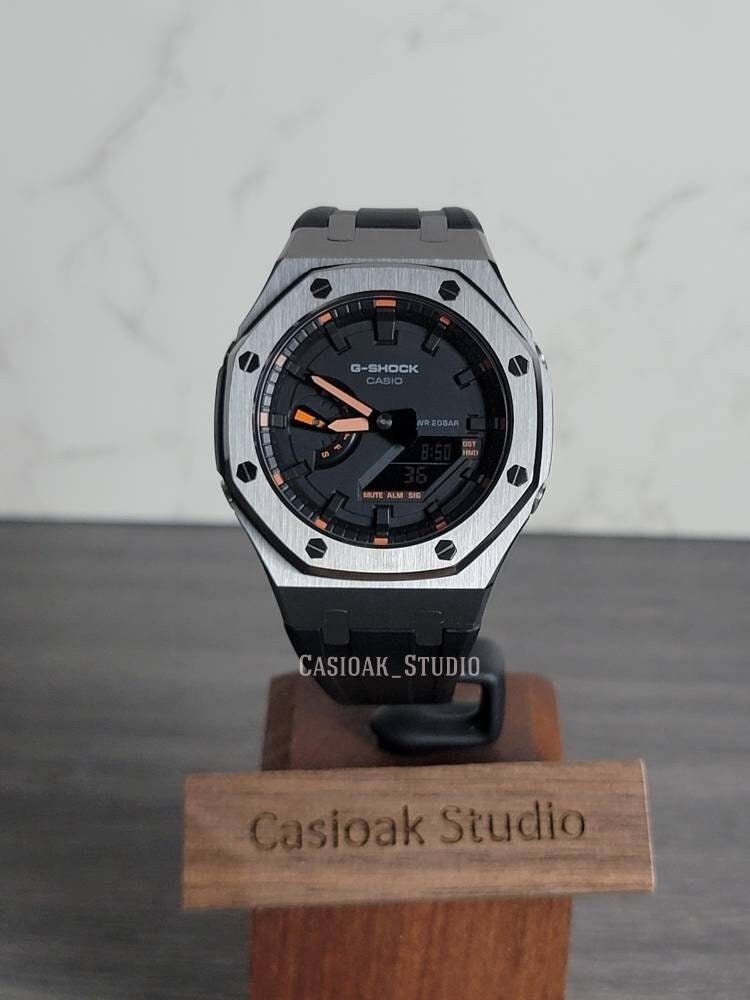 Casioak Mod Watch Gray Case Black Rubber Strap Black Time Mark Black Dial 44mm Orange- Casioak Mod Casio G-Shock Royal Oak Custom Mens Luxury Watches Ga2100