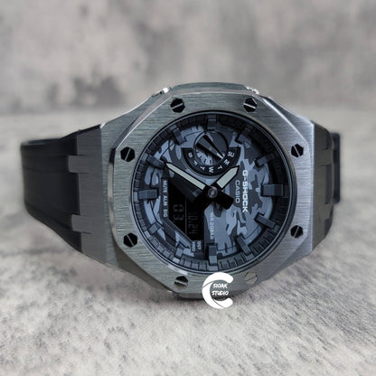 Casioak Mod Watch Gray Case Black Rubber Strap Black Time Mark Camouflage Dial 44mm- Casioak Mod Casio G-Shock Royal Oak Custom Mens Luxury Watches Ga2100