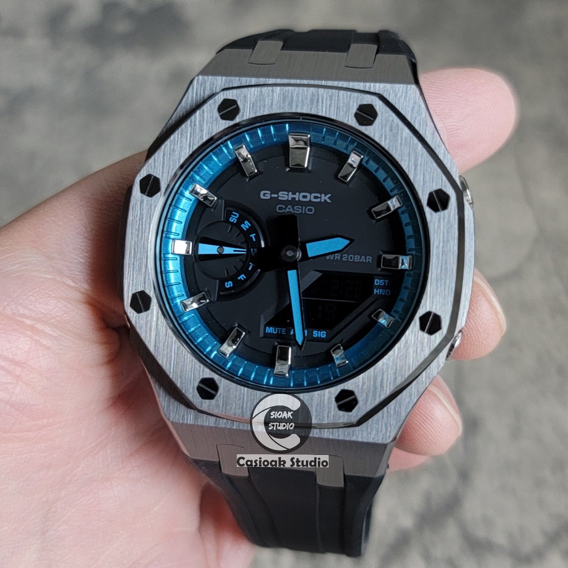 Casioak Mod Watch Gray Case Black Rubber Strap Blue Black Time Mark Black Dial 44mm- Casioak Mod Casio G-Shock Royal Oak Custom Mens Luxury Watches Ga2100