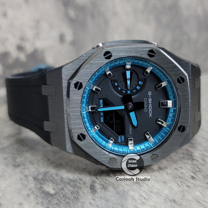 Casioak Mod Watch Gray Case Black Rubber Strap Blue Black Time Mark Black Dial 44mm- Casioak Mod Casio G-Shock Royal Oak Custom Mens Luxury Watches Ga2100