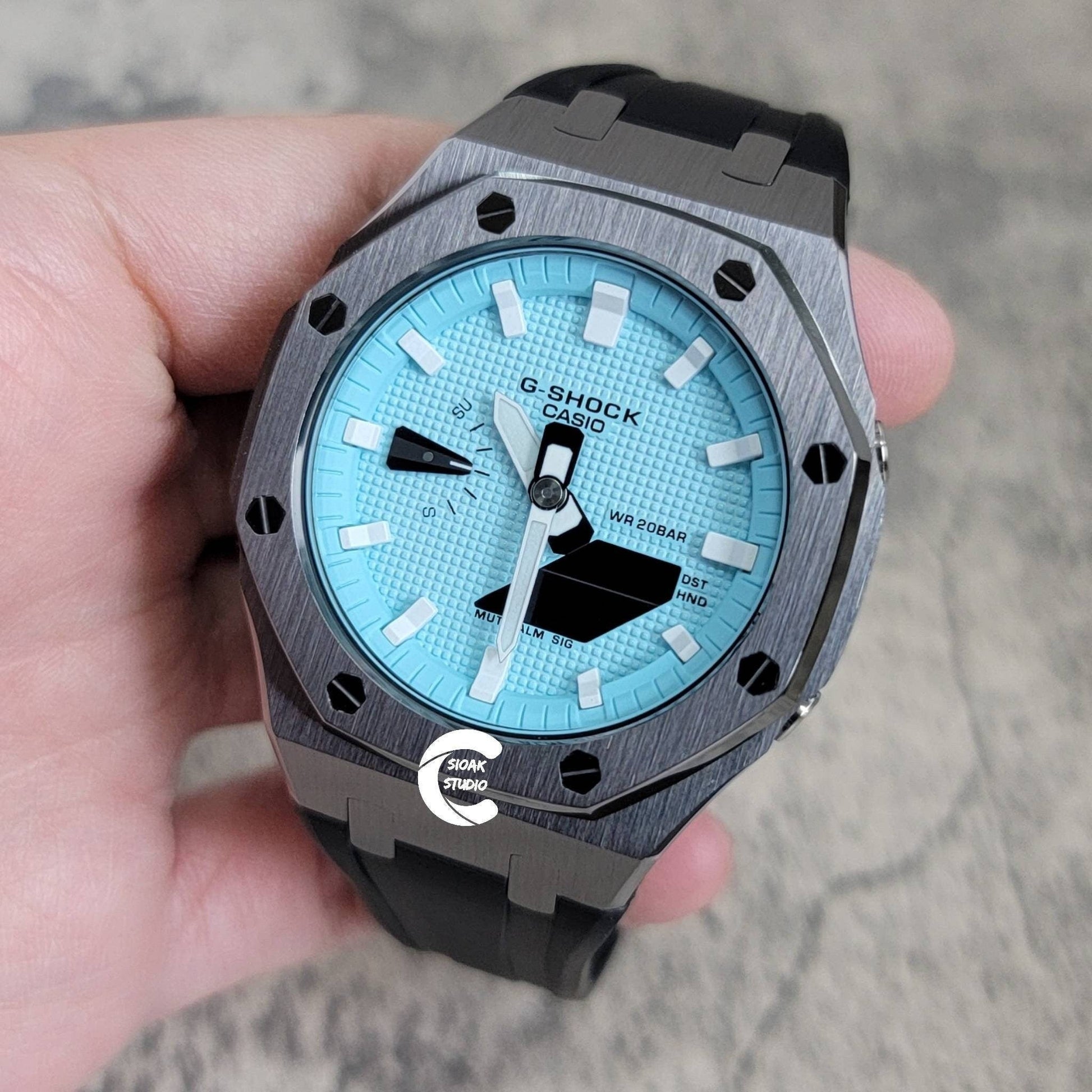 Casioak Mod Watch Gray Case Black Rubber Strap Tiff White Time Mark Tiff Blue Dial 44mm- Casioak Mod Casio G-Shock Royal Oak Custom Mens Luxury Watches Ga2100