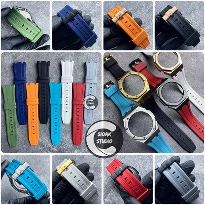 Casioak Mod Watch Gray Case Blue Red Rubber Strap Black White Time Mark Black Dial 44mm- Casioak Mod Casio G-Shock Royal Oak Custom Mens Luxury Watches Ga2100