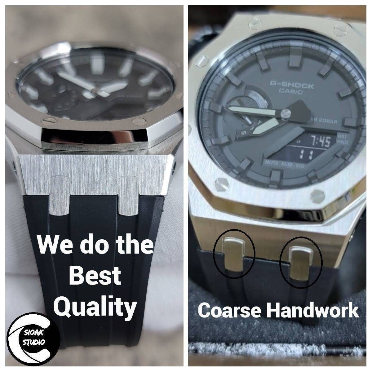 Casioak Mod Watch Gray Case Blue Red Rubber Strap Black White Time Mark Black Dial 44mm- Casioak Mod Casio G-Shock Royal Oak Custom Mens Luxury Watches Ga2100