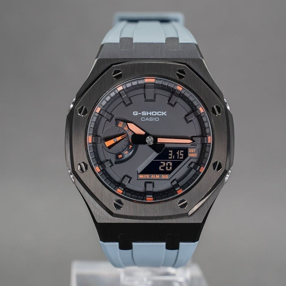 Casioak Mod Watch Gray Case Gray Rubber Strap Black Time Mark Black Dial 44mm Orange- Casioak Mod Casio G-Shock Royal Oak Custom Mens Luxury Watches Ga2100