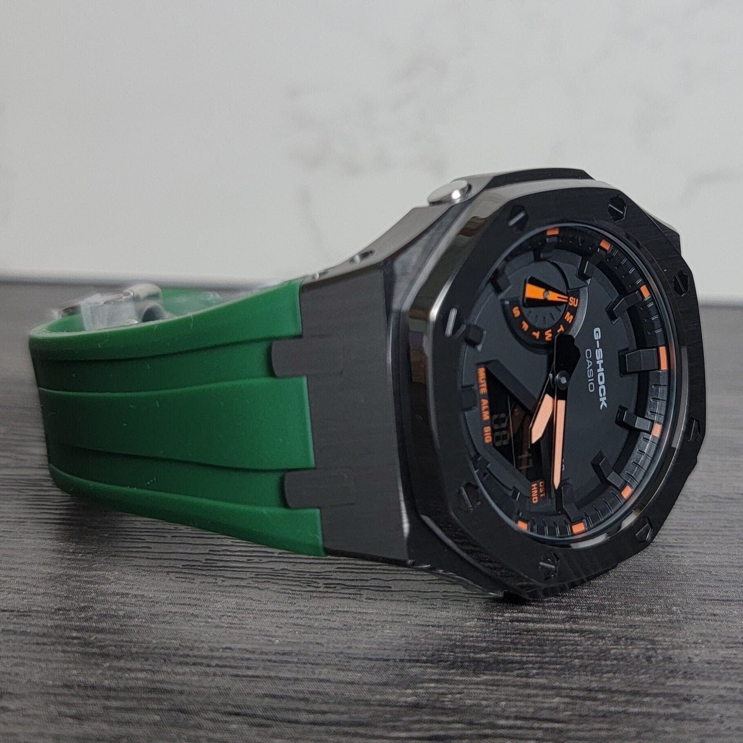 Casioak Mod Watch Gray Case Green Rubber Strap Black Black Time Mark Black Dial Orange 44mm- Casioak Mod Casio G-Shock Royal Oak Custom Mens Luxury Watches Ga2100