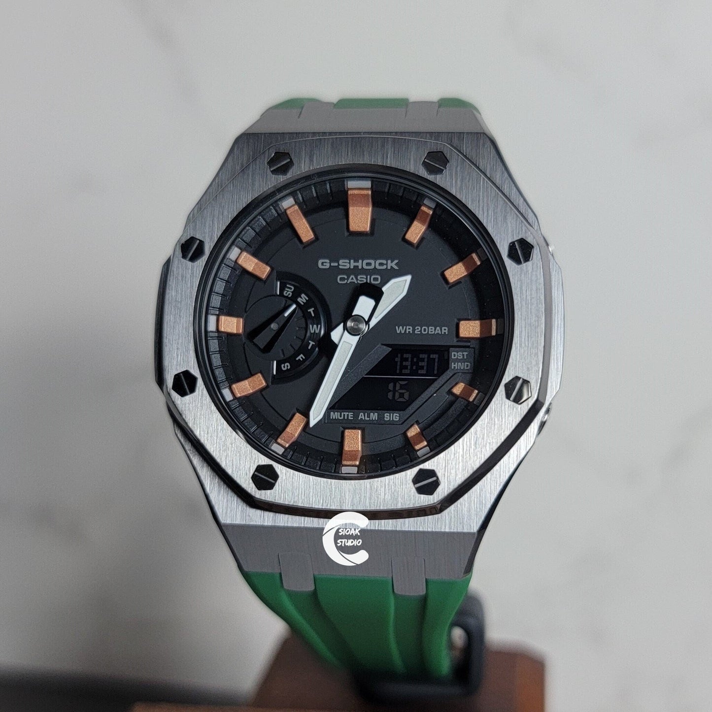 Casioak Mod Watch Gray Case Green Rubber Strap Black Rose Gold Time Mark Black Dial 44mm- Casioak Mod Casio G-Shock Royal Oak Custom Mens Luxury Watches Ga2100