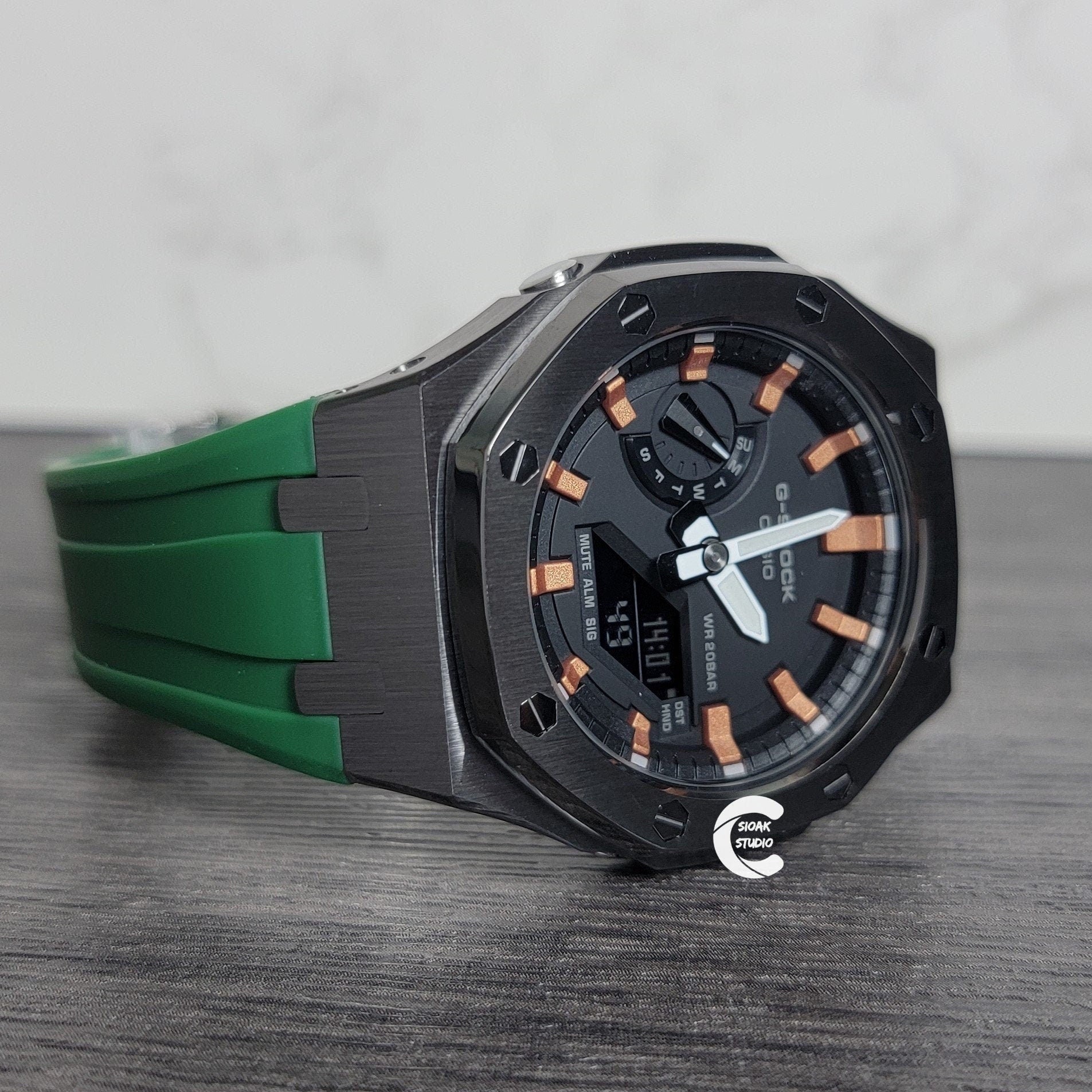 Casioak Mod Watch Gray Case Green Rubber Strap Black Rose Gold Time Mark Black Dial 44mm- Casioak Mod Casio G-Shock Royal Oak Custom Mens Luxury Watches Ga2100