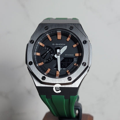 Casioak Mod Watch Gray Case Green Rubber Strap Black Rose Gold Time Mark Black Dial 44mm- Casioak Mod Casio G-Shock Royal Oak Custom Mens Luxury Watches Ga2100