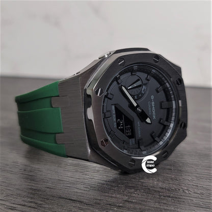 Casioak Mod Watch Gray Case Green Rubber Strap Black Time Mark Black Dial 44mm- Casioak Mod Casio G-Shock Royal Oak Custom Mens Luxury Watches Ga2100