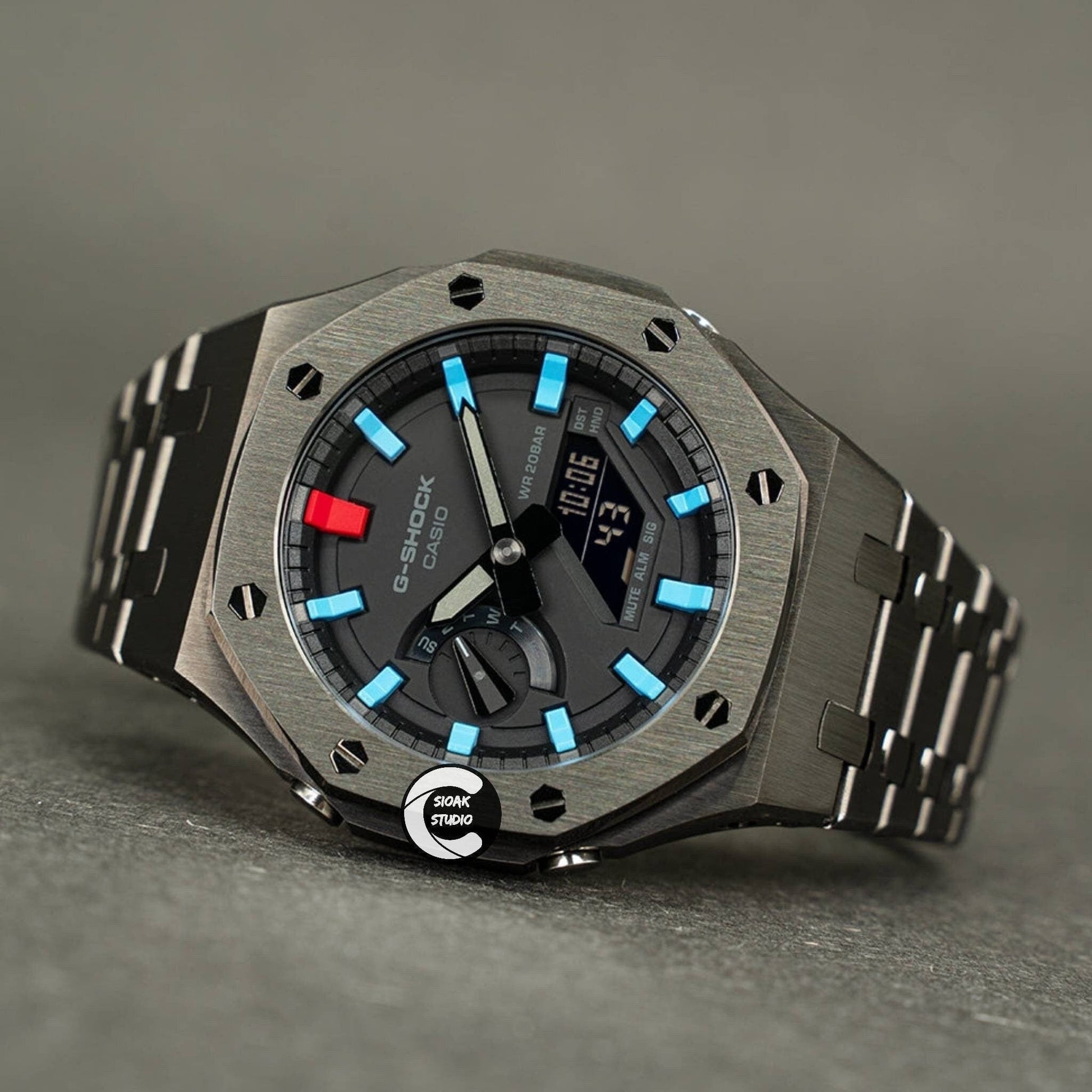 Casioak Mod Watch Gray Case Metal Strap Black Blue Time Mark Black Dial 44mm- Casioak Mod Casio G-Shock Royal Oak Custom Mens Luxury Watches Ga2100