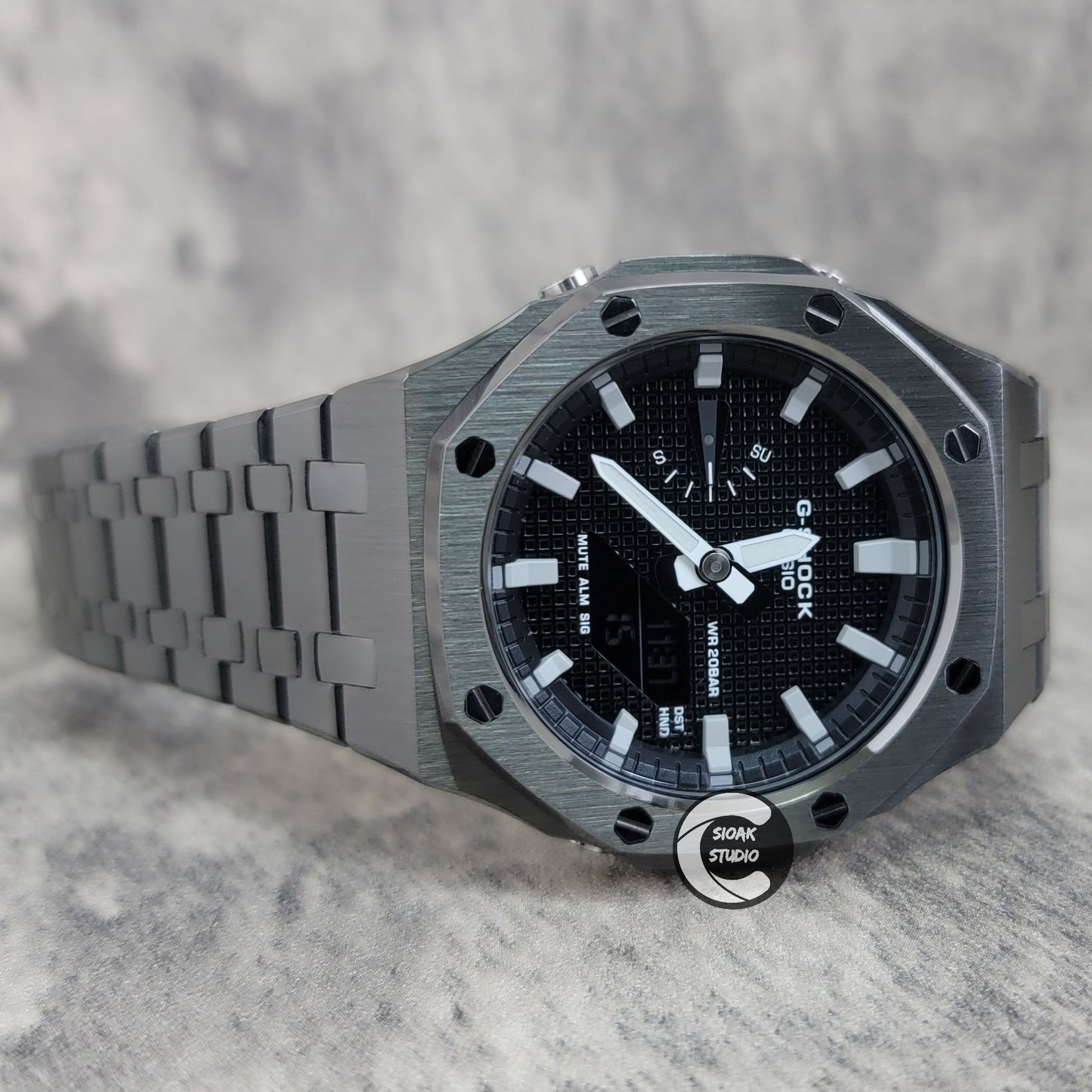 Casioak Mod Watch Gray Case Metal Strap Black Gray Time Mark Black Waffle Dial 44mm- Casioak Mod Casio G-Shock Royal Oak Custom Mens Luxury Watches Ga2100