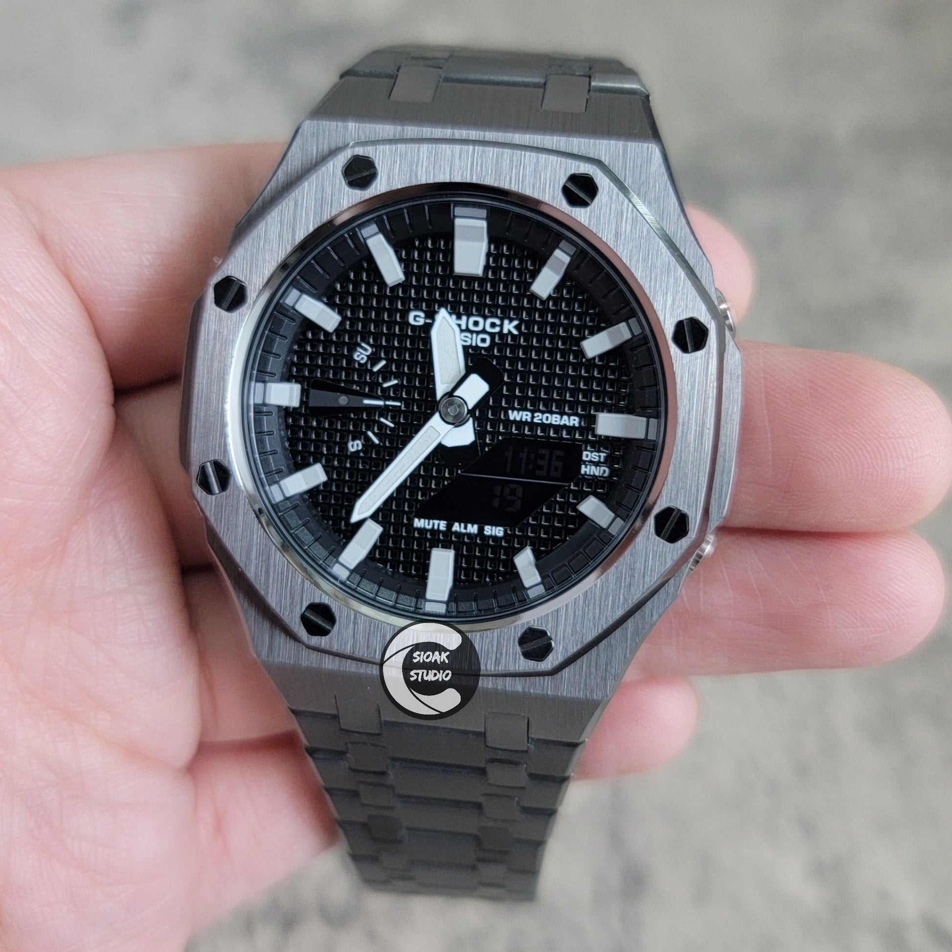 Casioak Mod Watch Gray Case Metal Strap Black Gray Time Mark Black Waffle Dial 44mm- Casioak Mod Casio G-Shock Royal Oak Custom Mens Luxury Watches Ga2100