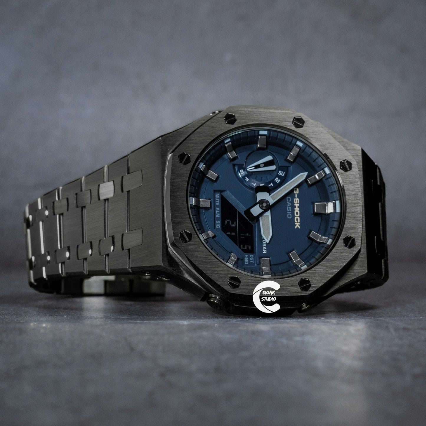 Casioak Mod Watch Gray Case Metal Strap Black Gray Time Mark Blue Dial 44mm- Casioak Mod Casio G-Shock Royal Oak Custom Mens Luxury Watches Ga2100