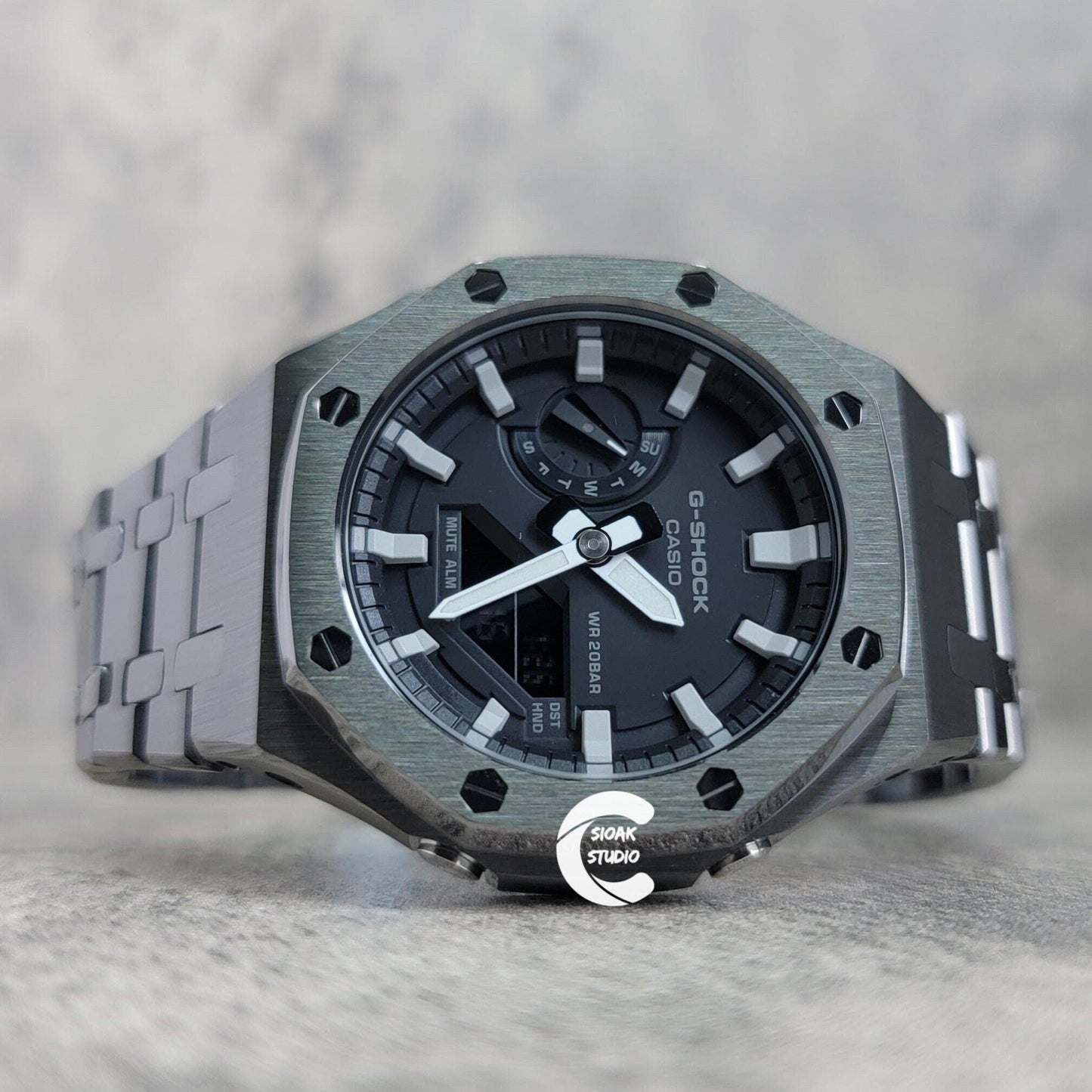 Casioak Mod Watch Gray Case Metal Strap Black Light Gray Time Mark Black Dial 44 mm- Casioak Mod Casio G-Shock Royal Oak Custom Mens Luxury Watches Ga2100