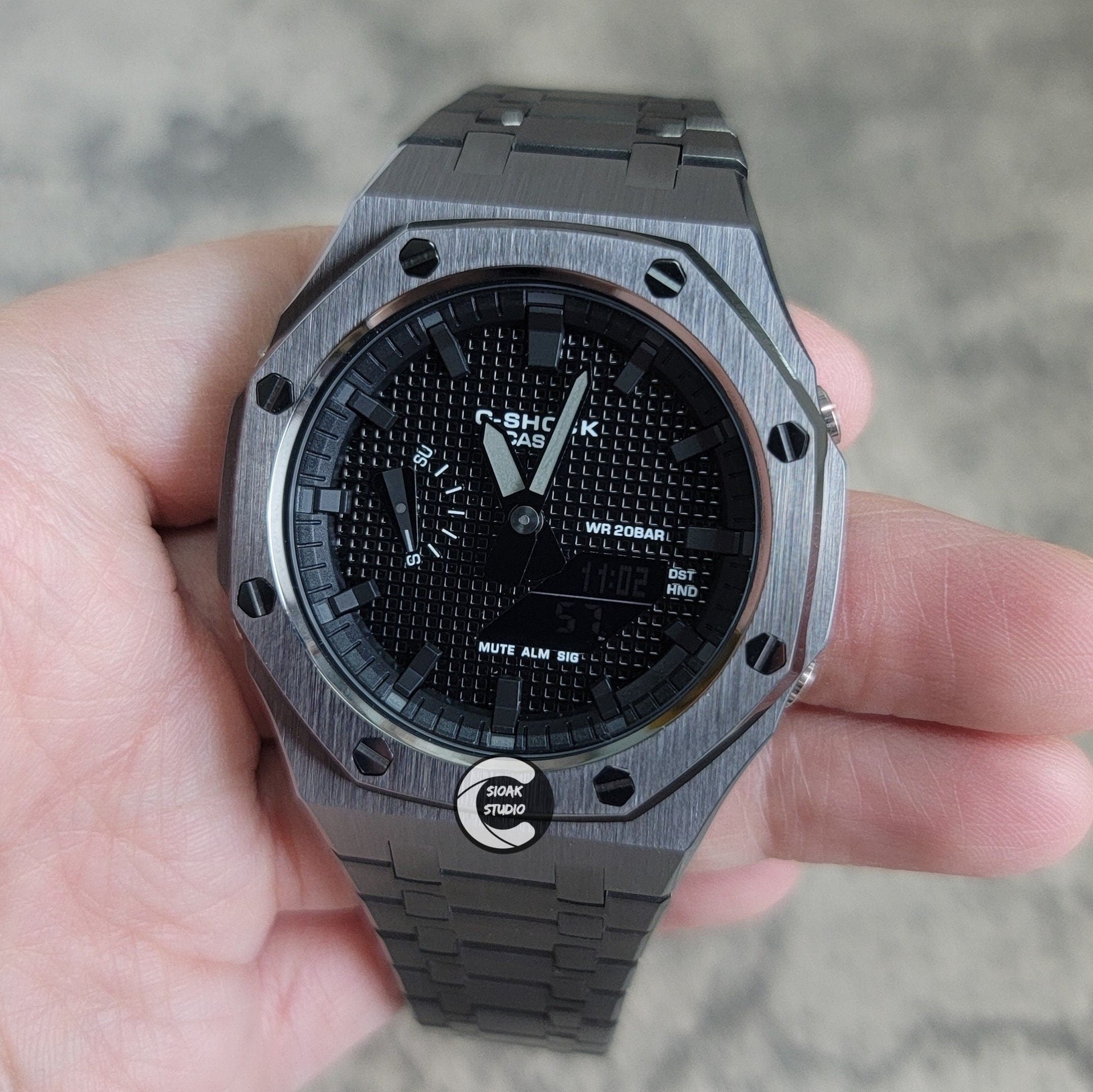 Casioak Mod Watch Gray Case Metal Strap Black Time Mark Black Waffle Dial 44mm- Casioak Mod Casio G-Shock Royal Oak Custom Mens Luxury Watches Ga2100