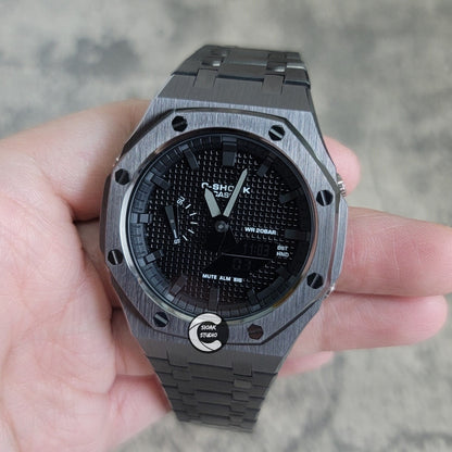 Casioak Mod Watch Gray Case Metal Strap Black Time Mark Black Waffle Dial 44mm- Casioak Mod Casio G-Shock Royal Oak Custom Mens Luxury Watches Ga2100