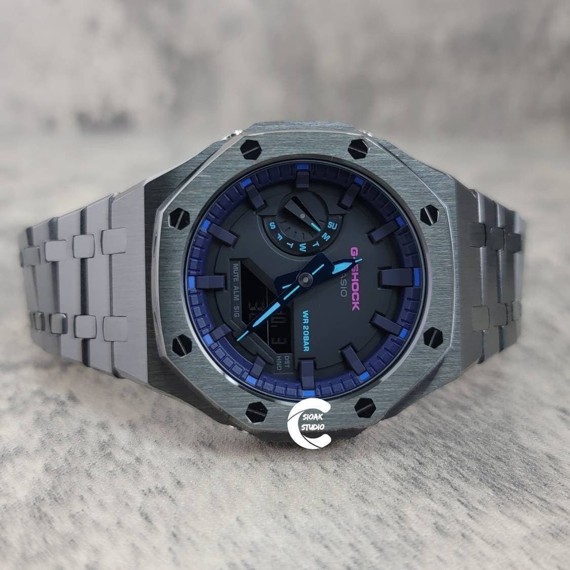 Casioak Mod Watch Gray Case Metal Strap Dark Purple Black Time Mark Black Dial 44mm- Casioak Mod Casio G-Shock Royal Oak Custom Mens Luxury Watches Ga2100